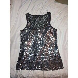 5/$25 EUC Sz M Sequin & Lace Sparkly Tank Top Express Grey & Silver
